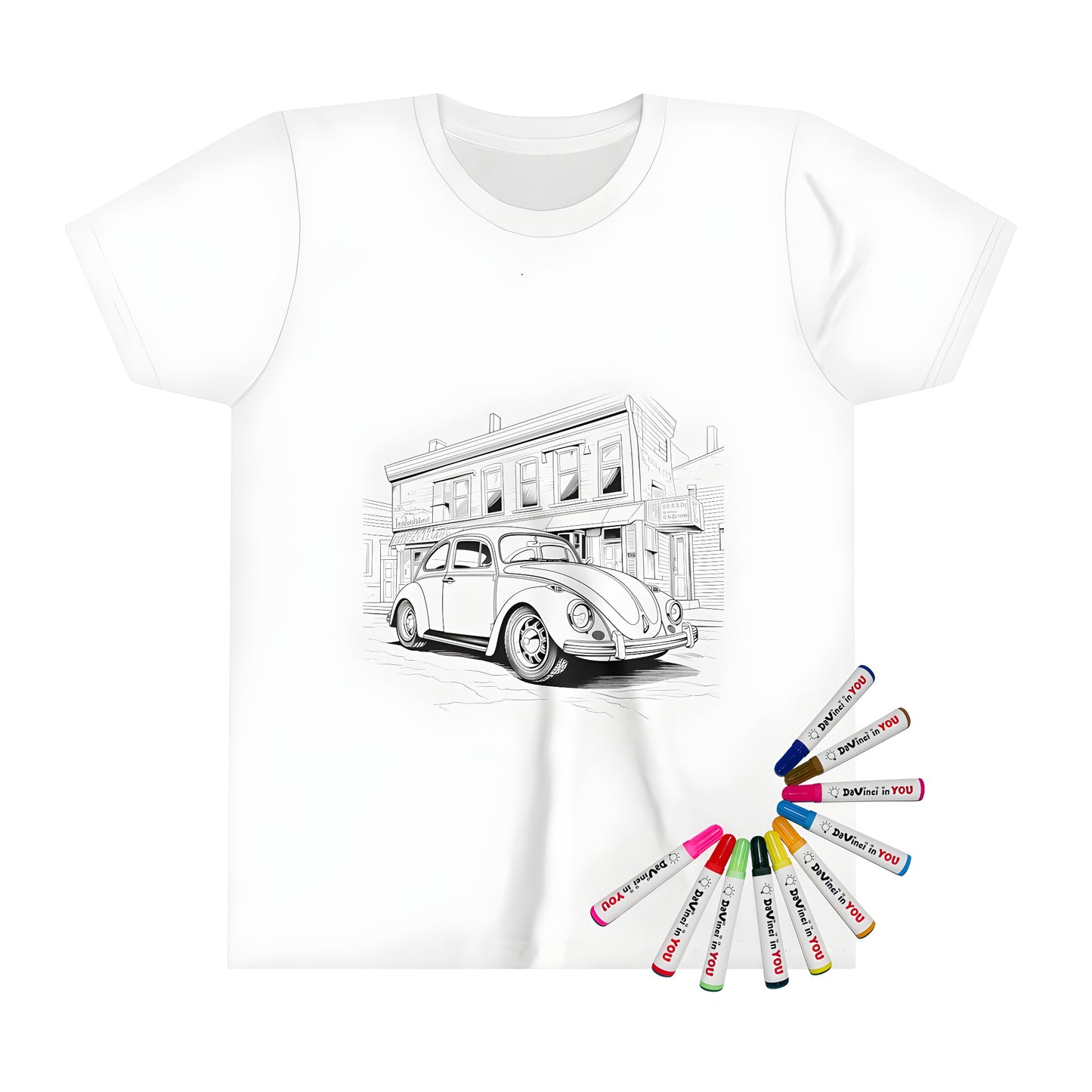 Kid's t-shirt featuring a vintage-inspired illustration of a classic car parked on a city street