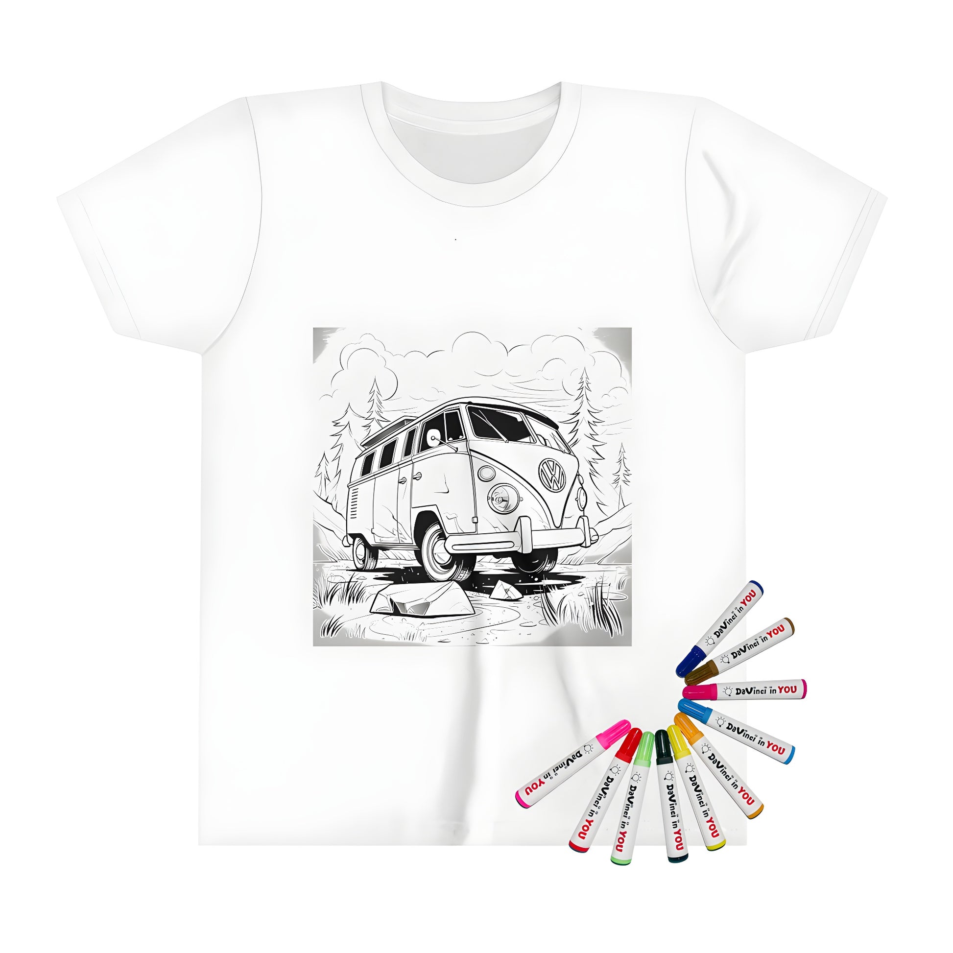 Kids' clothing featuring an illustration of a vintage van driving through a forest landscape on a colorful t-shirt