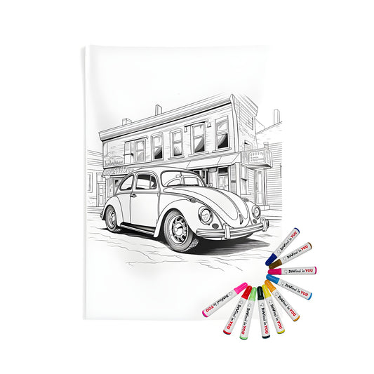 Vintage automobile illustration wall tapestry for bedroom decor - 10 colorful fabric markers included