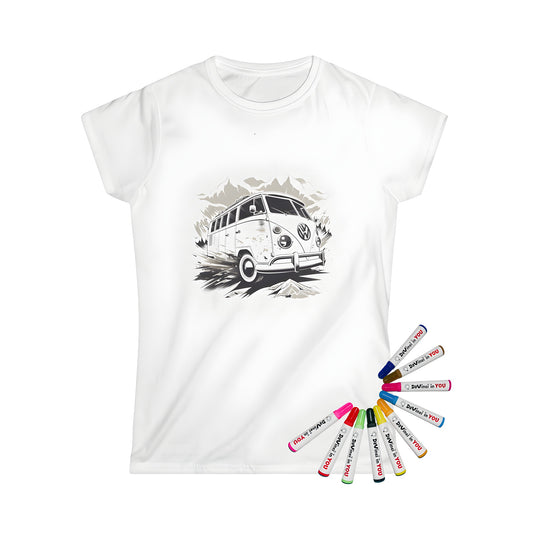 Women's t-shirt featuring a vintage camper van illustration, perfect for outdoor enthusiasts and travel lovers