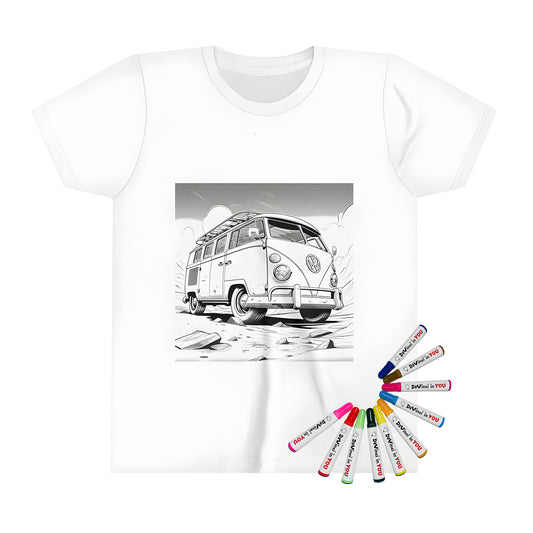 Kid's T-shirt with coloring page design of classic VW van driving on rocky terrain desert landscape