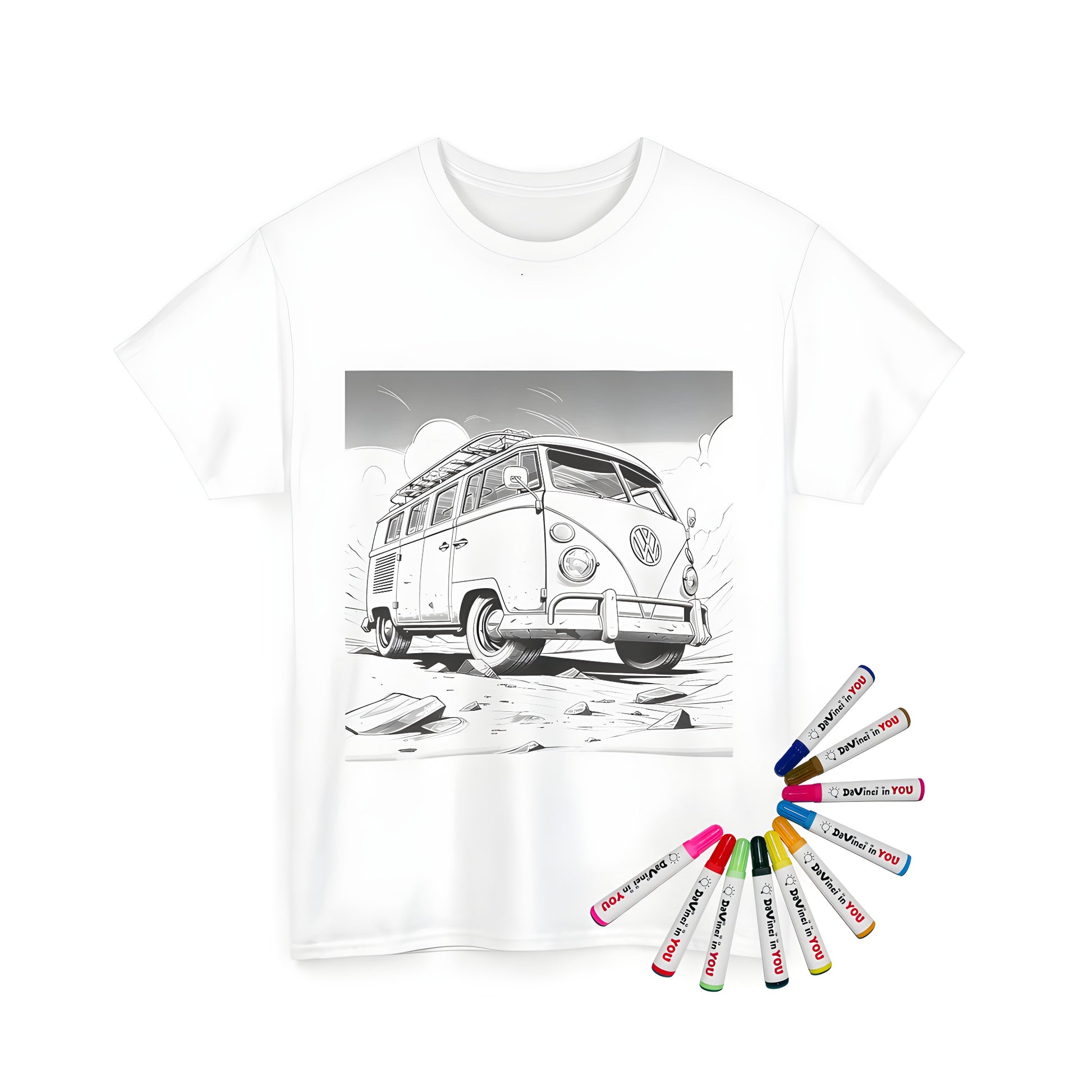 Unisex t-shirt with an outline sketch of a classic Volkswagen van driving on a rocky terrain and desert landscape printed on it