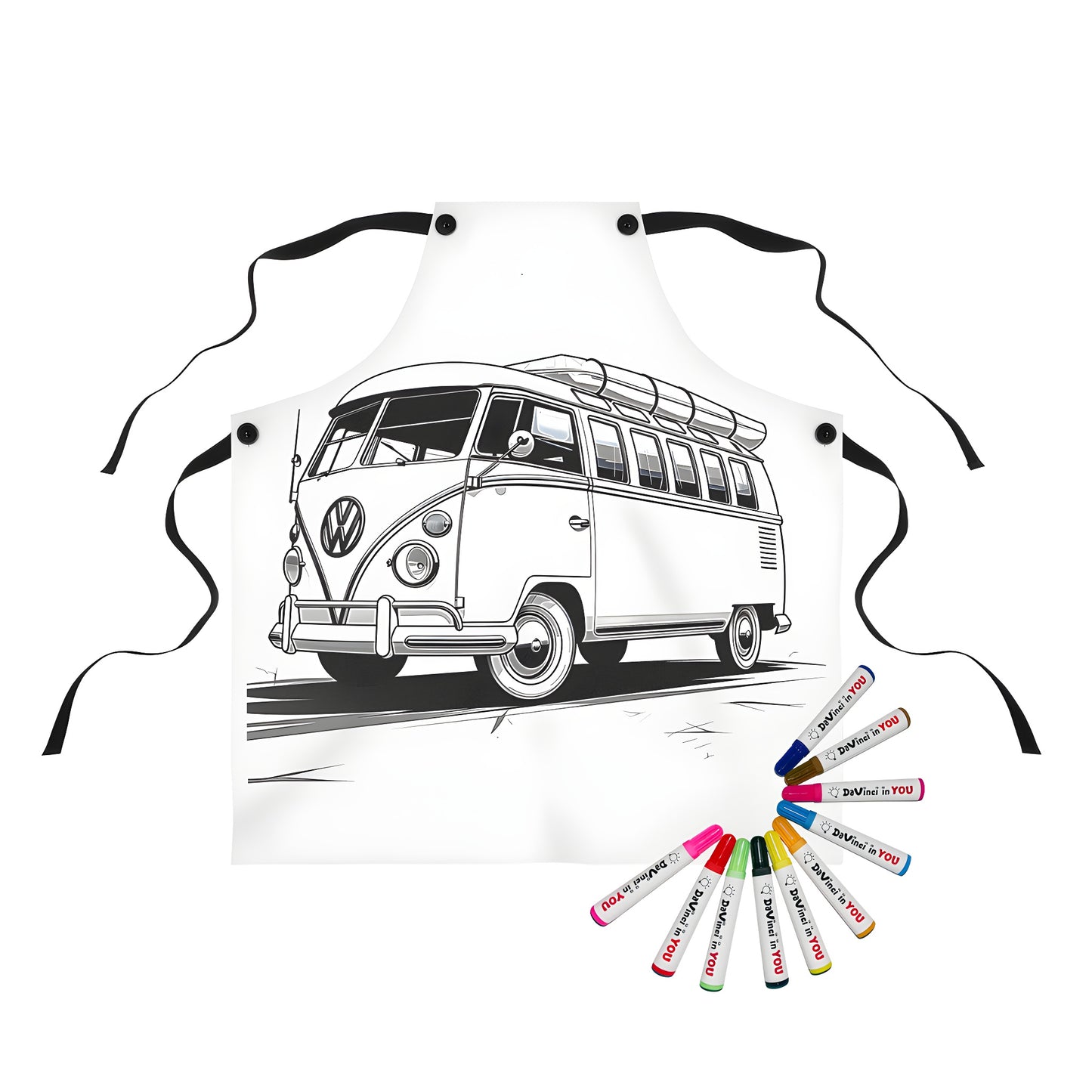 Detailed vintage VW camper van apron with colorful fabric markers for kids and adults to color and customize