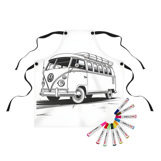 Detailed vintage VW camper van apron with colorful fabric markers for kids and adults to color and customize