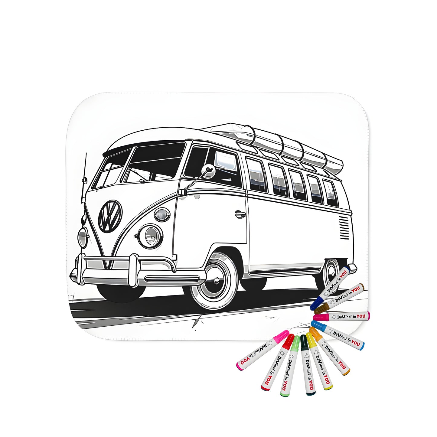 Blanket featuring a detailed, vintage-inspired VW camper van illustration, perfect for any car enthusiast or VW fan.