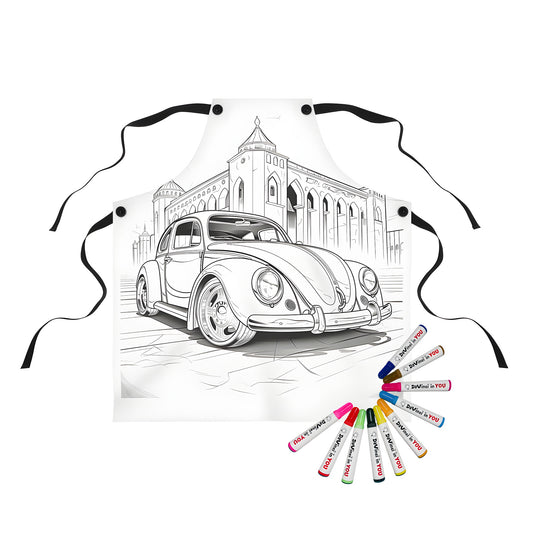 Apron with illustration of a classic car, old car, vintage automobile, retro vehicle, antique motor, and historic building in front