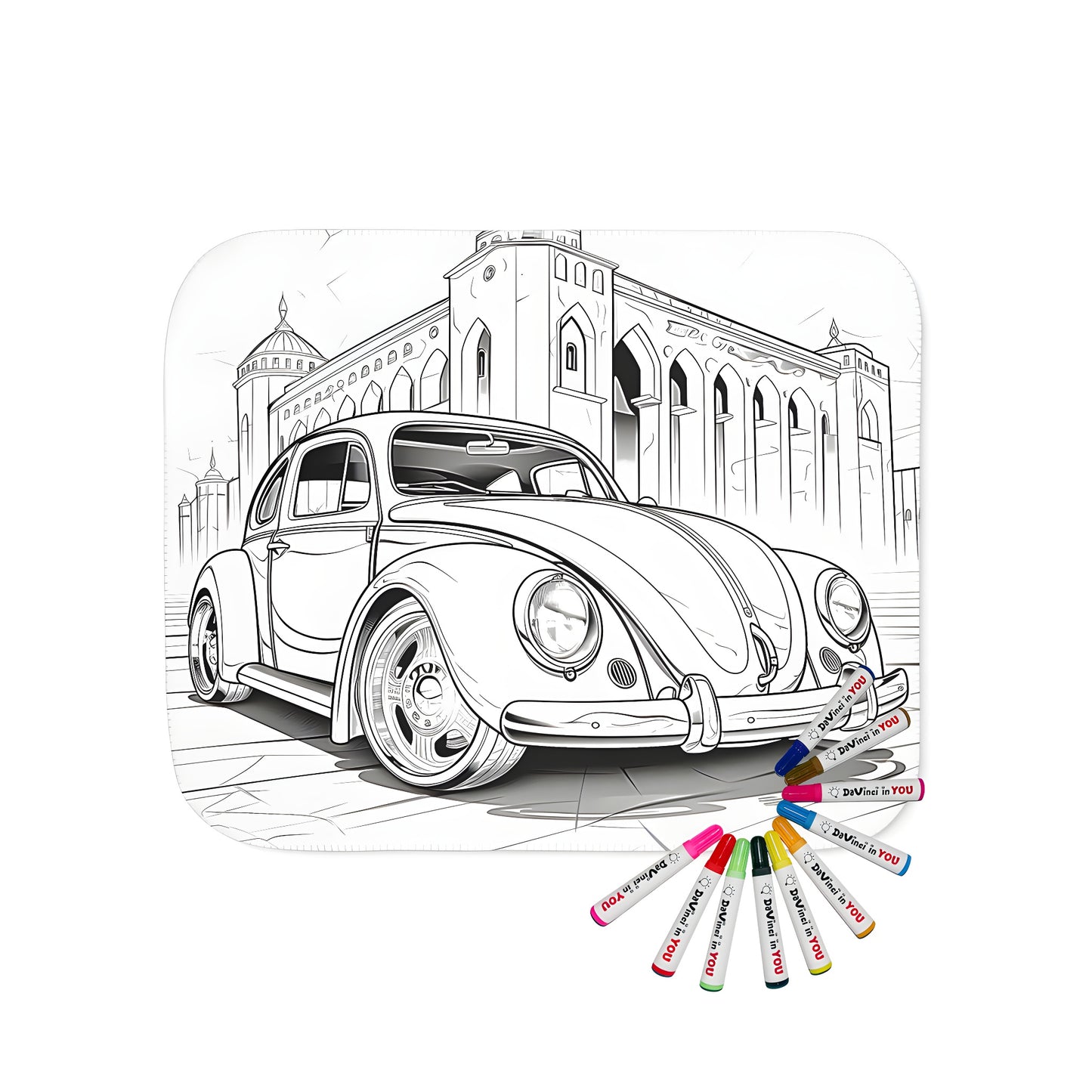 Vintage automobile illustration blanket for kids, adult coloring page design