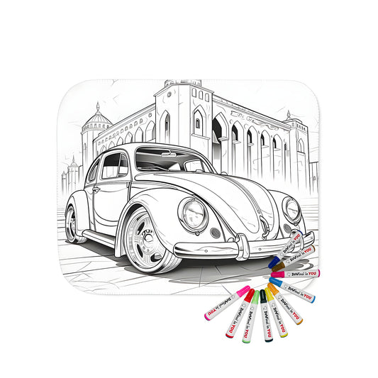 Vintage automobile illustration blanket for kids, adult coloring page design