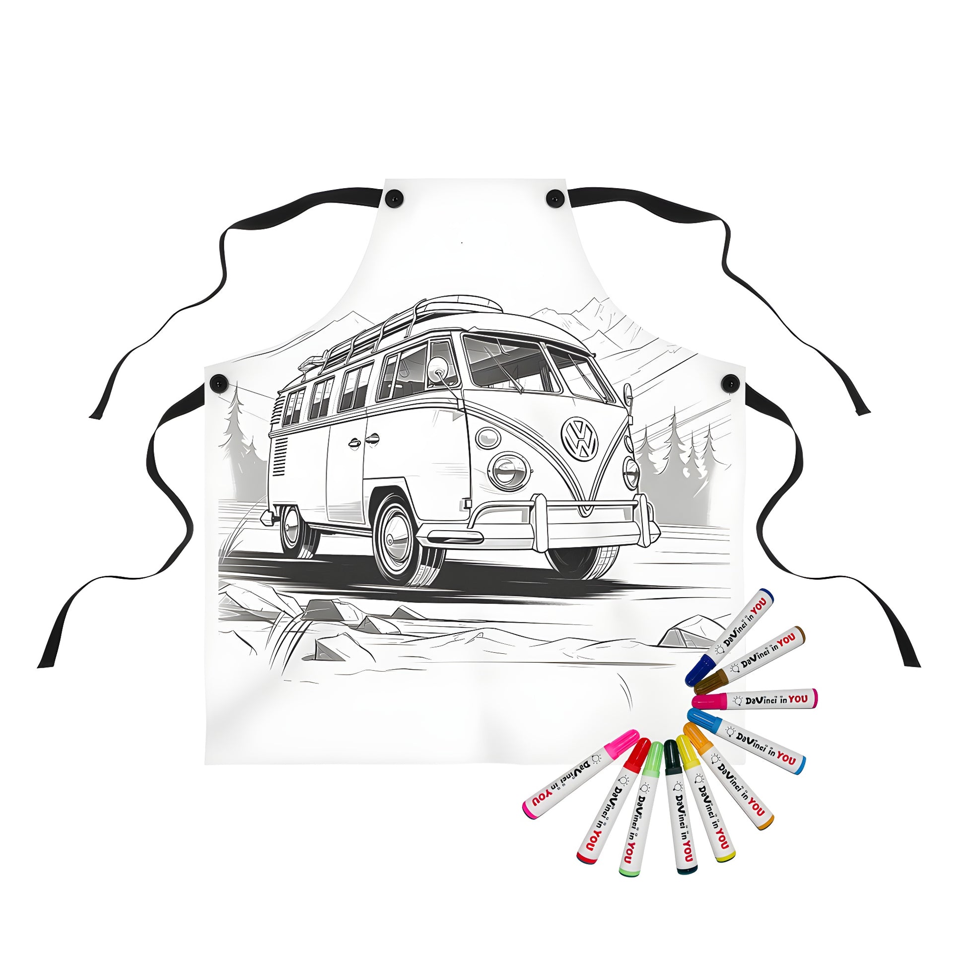 Coloring apron with vintage van design for kids and adults