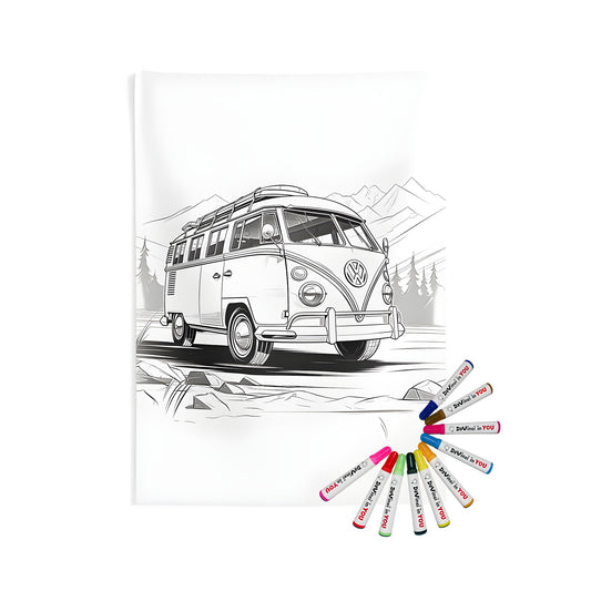 A beautiful, high-quality indoor wall tapestry featuring a colorful, hand-drawn illustration of a classic van driving through a serene mountainous landscape. Perfect for any vehicle enthusiast or adventure-seeker!