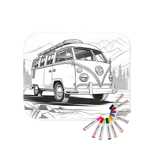 Colorful blanket featuring a vintage camper van illustration, perfect for any van life enthusiast or adventure-seeker