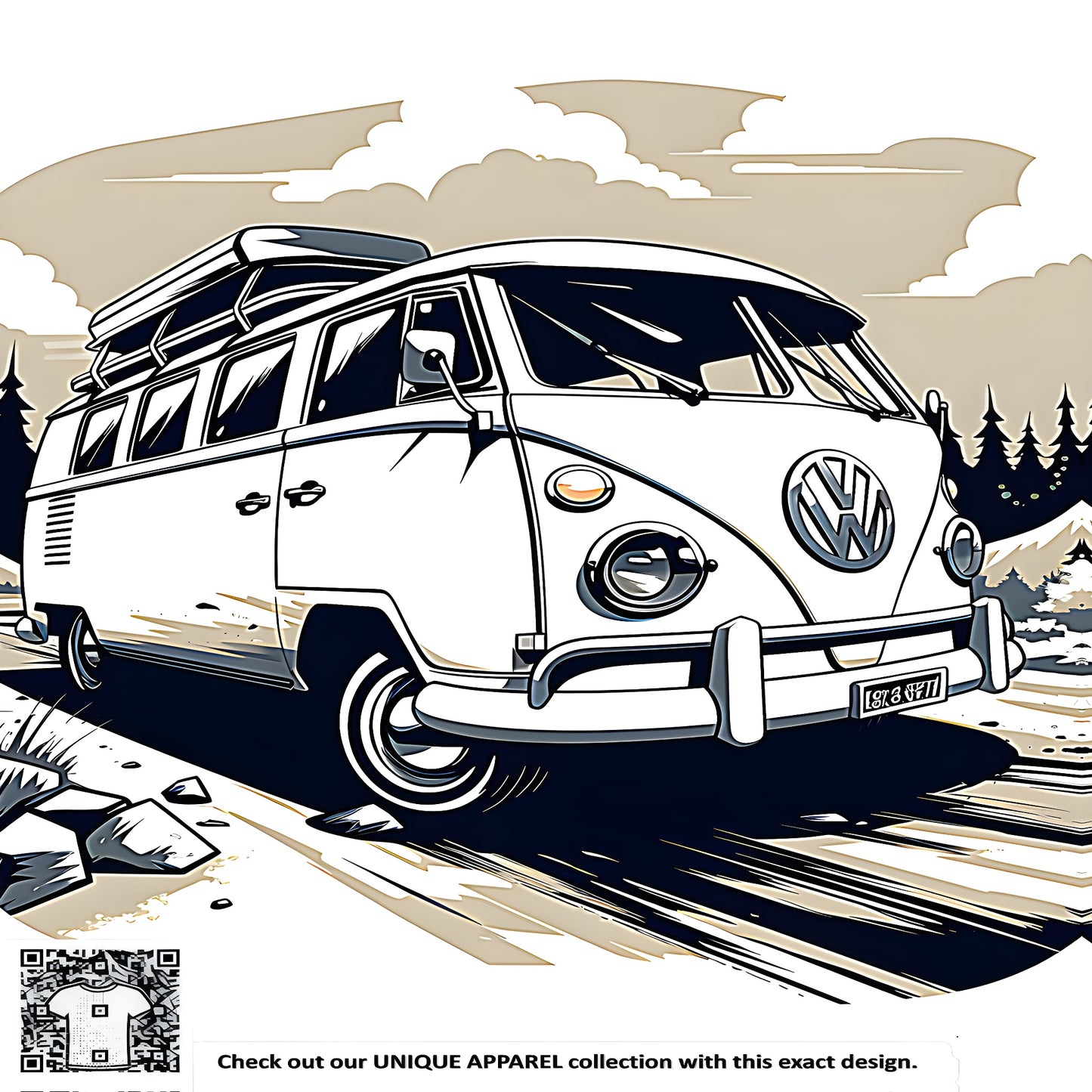 Colorful illustration of a retro-style van driving on a forest road with mountains and clouds