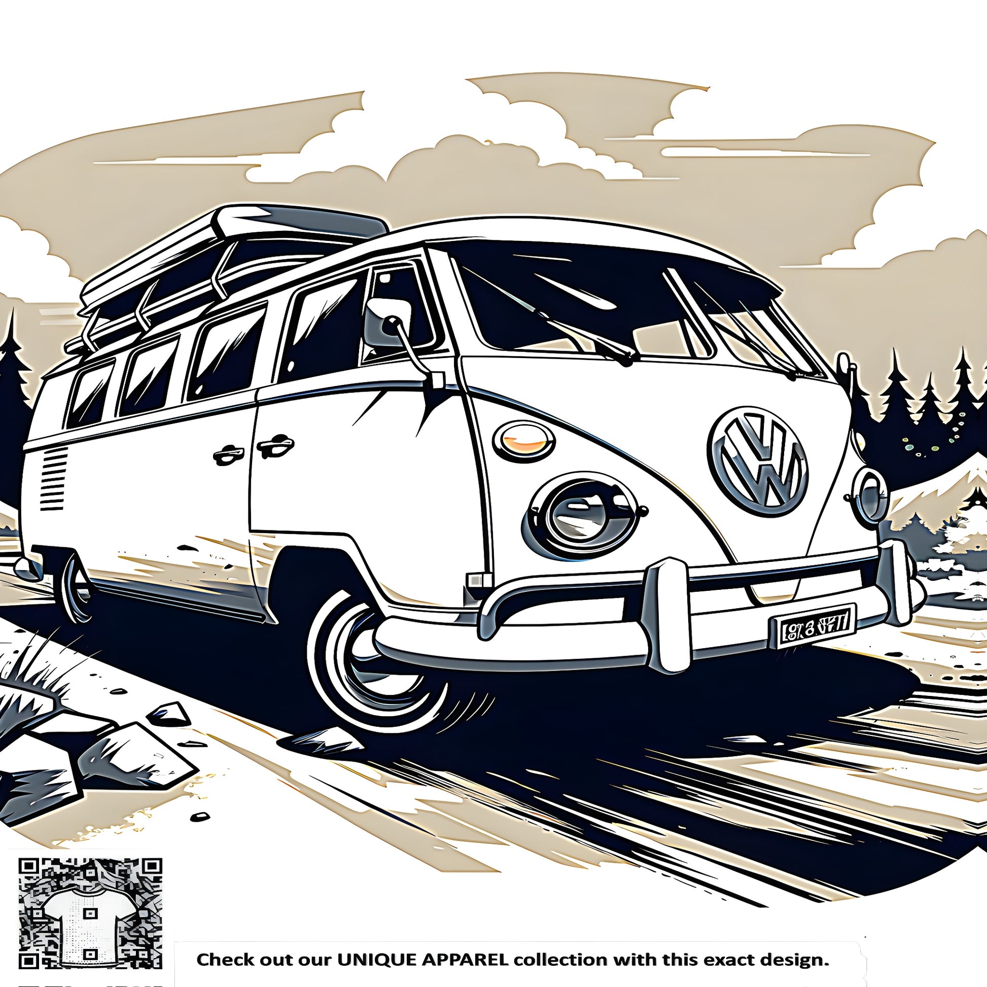 Colorful illustration of a retro-style van driving on a forest road with mountains and clouds