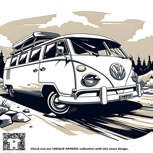 Colorful illustration of a retro-style van driving on a forest road with mountains and clouds