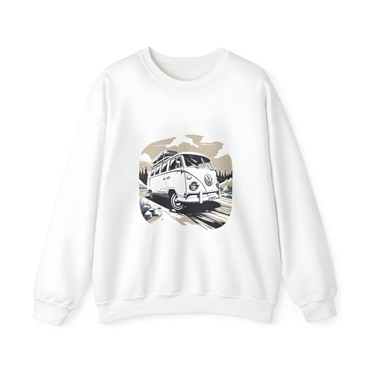 Classic adult sweatshirt featuring a colorful illustration of an old van driving on a scenic forest road with majestic mountains and clouds in the background