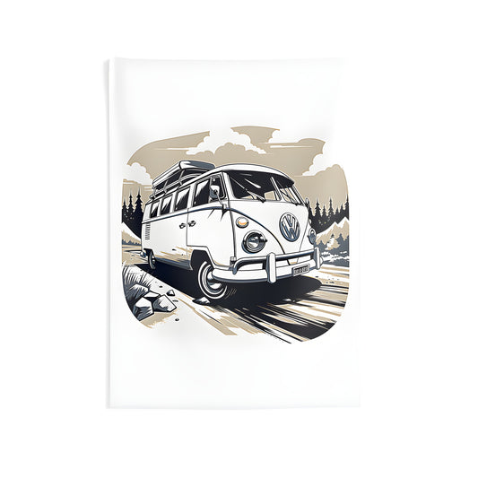 Vintage truck wall tapestry with colorful illustration of retro van driving on forest road under cloudy sky