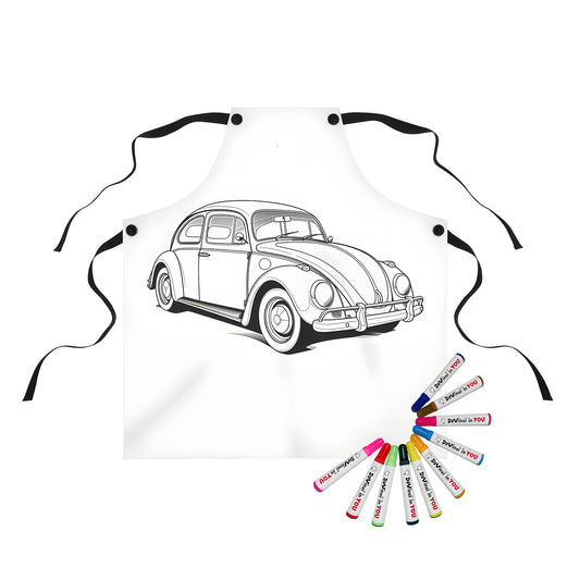 Apron featuring a black and white outline drawing of a vintage classic Volkswagen Beetle car for coloring