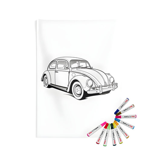 Coloring kit for adults featuring a vintage Black and white outline drawing of a classic Volkswagen Beetle car on an Indoor Wall Tapestry