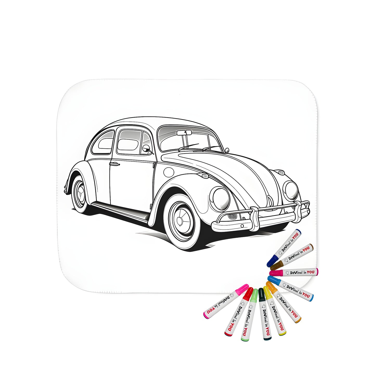 Blanket featuring a detailed black and white outline drawing of a vintage car, perfect for adult coloring books