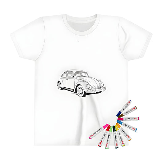 Coloring kit kid's t-shirt featuring a black and white classic car illustration