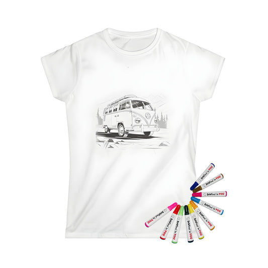 Women's t-shirt with a vintage camper van design for adults, featuring a classic van driving through mountains. Perfect gift for adventure seekers and travelers.