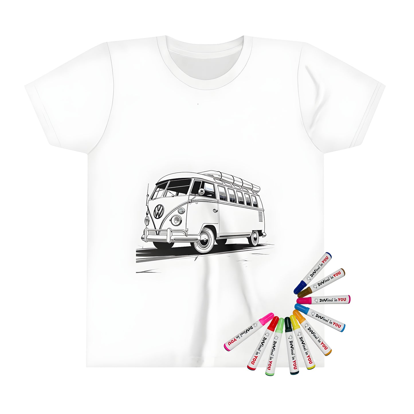 Kids' coloring t-shirt with a vintage camper van illustration