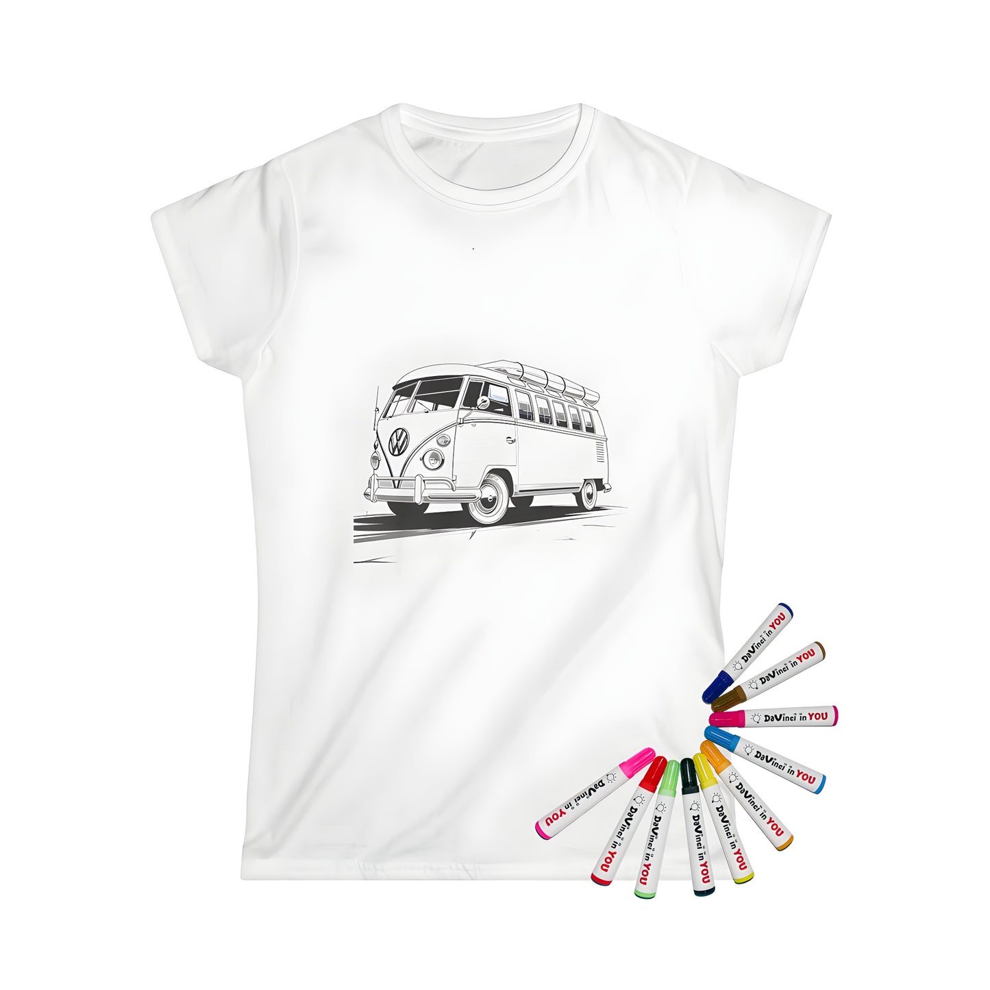 Classic VW van t-shirt coloring kit with fabric markers for women - detailed black and white illustration