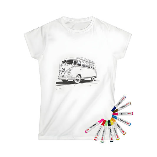 Classic VW van t-shirt coloring kit with fabric markers for women - detailed black and white illustration