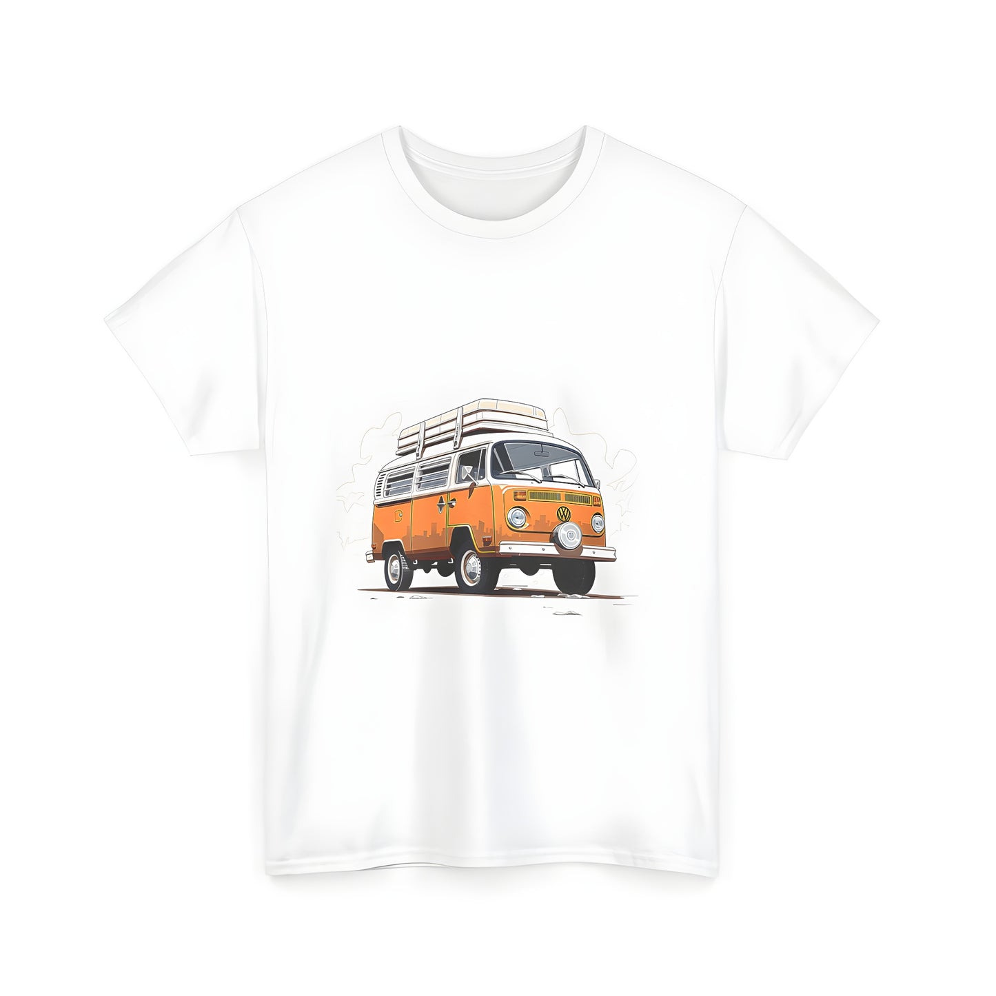 Colorful unisex t-shirt featuring an illustration of a retro-style camper van with luggage on the roof, parked in a field against a beige background.