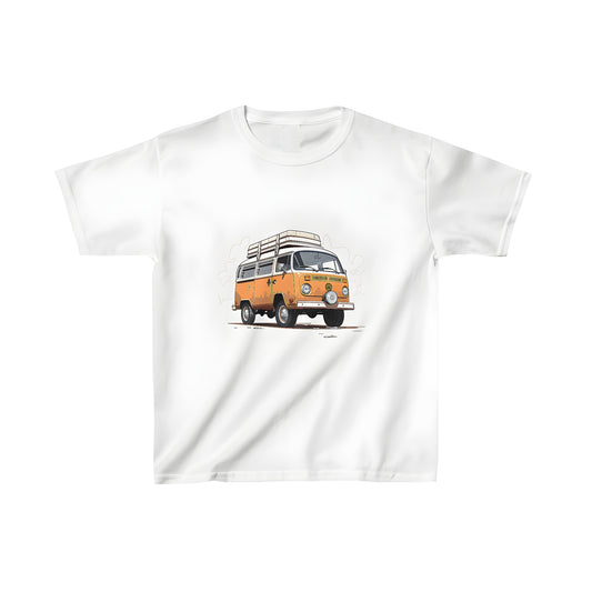 Colorful kid's t-shirt featuring a retro camper van illustration with luggage on top