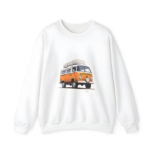 Adult sweatshirt featuring a colorful illustration of a classic camper van with luggage on its roof, parked in a natural setting against a beige background.