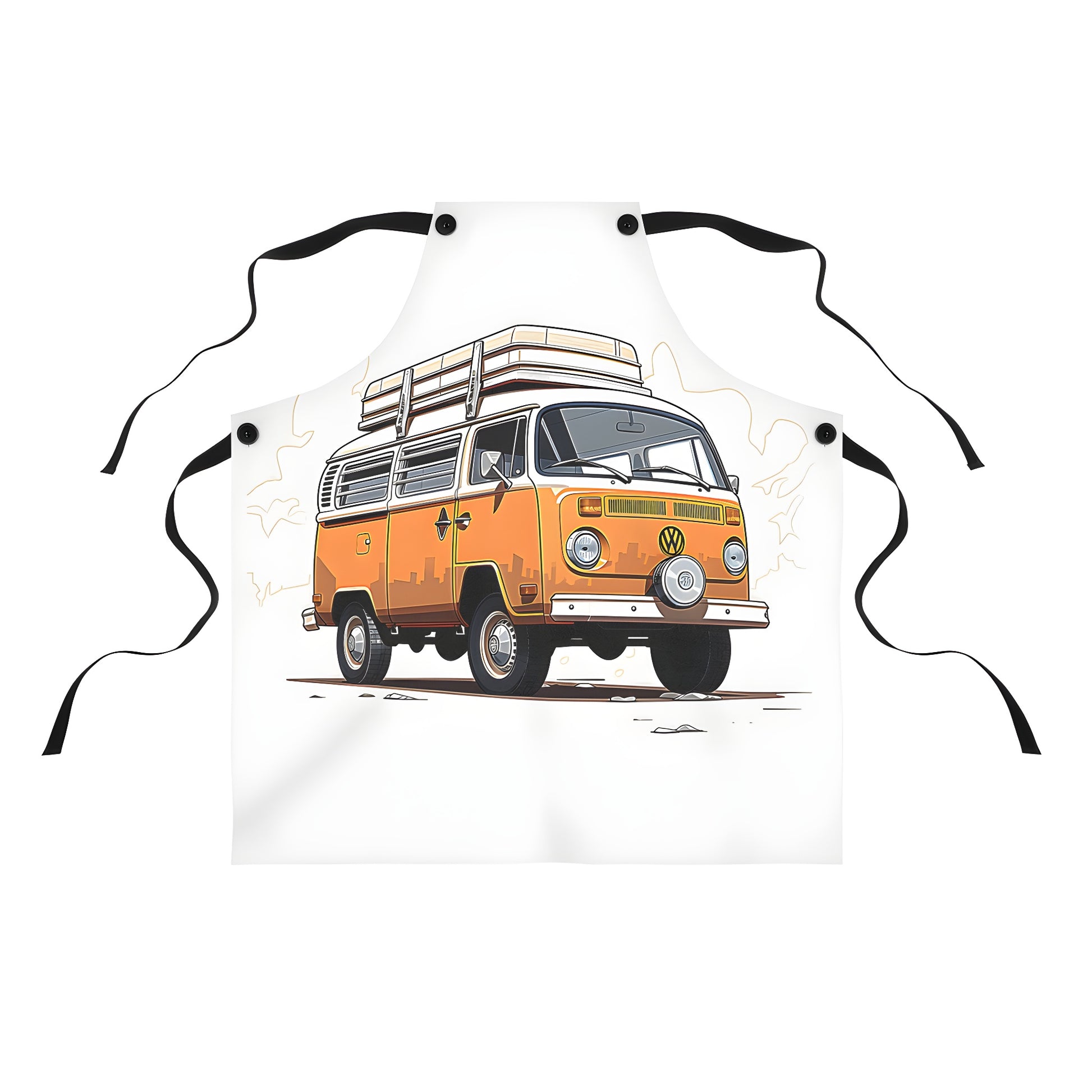 Colorful camper van apron featuring a vintage-inspired design of an old-style RV parked on a sunny day