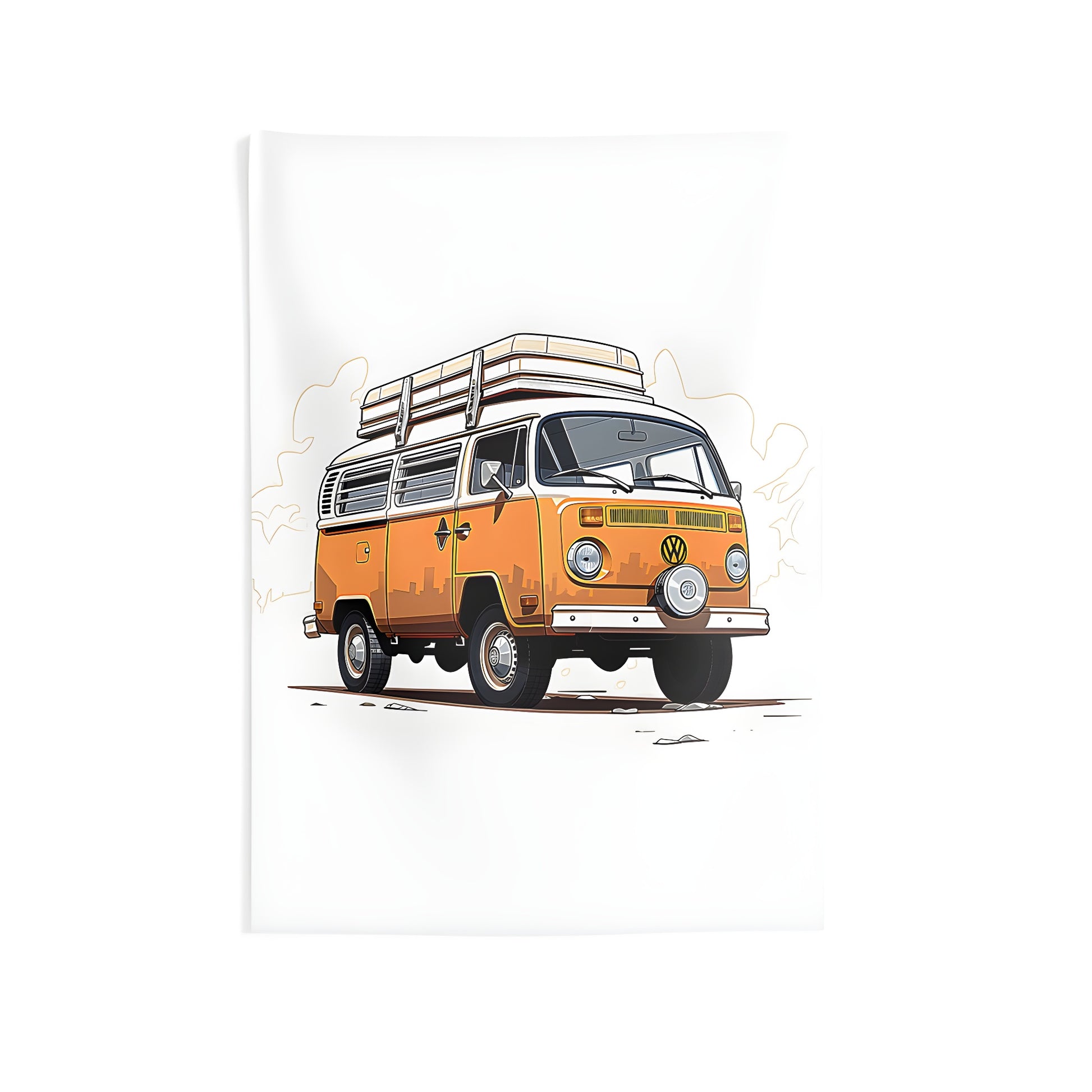 Indoor wall tapestry featuring a colorful design of a vintage camper van with roof luggage parked in an open area