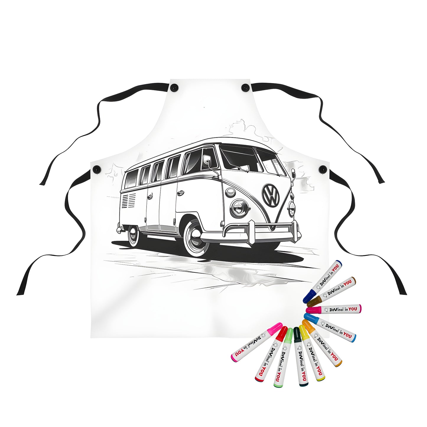 VW Van Coloring Page Apron with fabric markers - Vintage camper van drawing on canvas apron