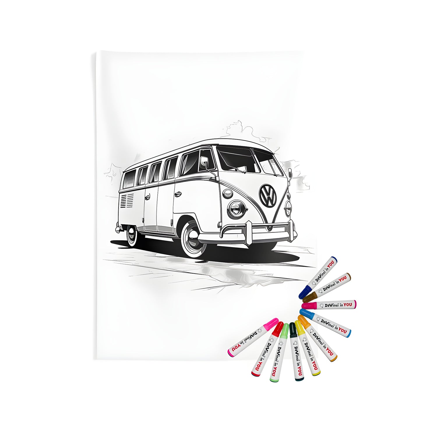 Vintage VW Van Coloring Kit with 10 Markers - Indoor Wall Tapestries Art Decor