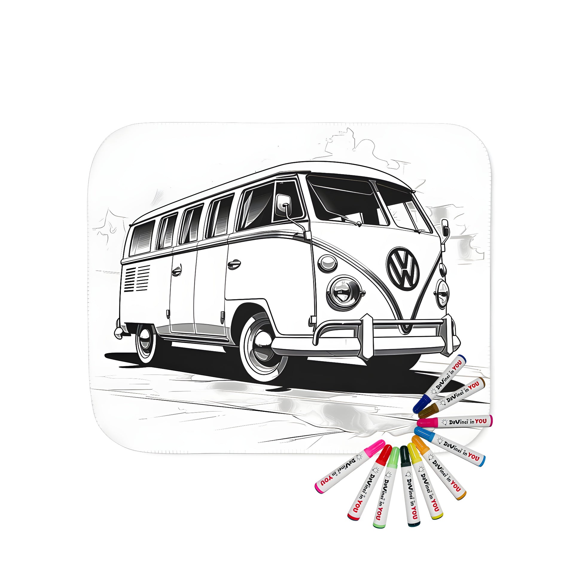 Blanket featuring a black and white drawing of a classic Volkswagen van with detailed features