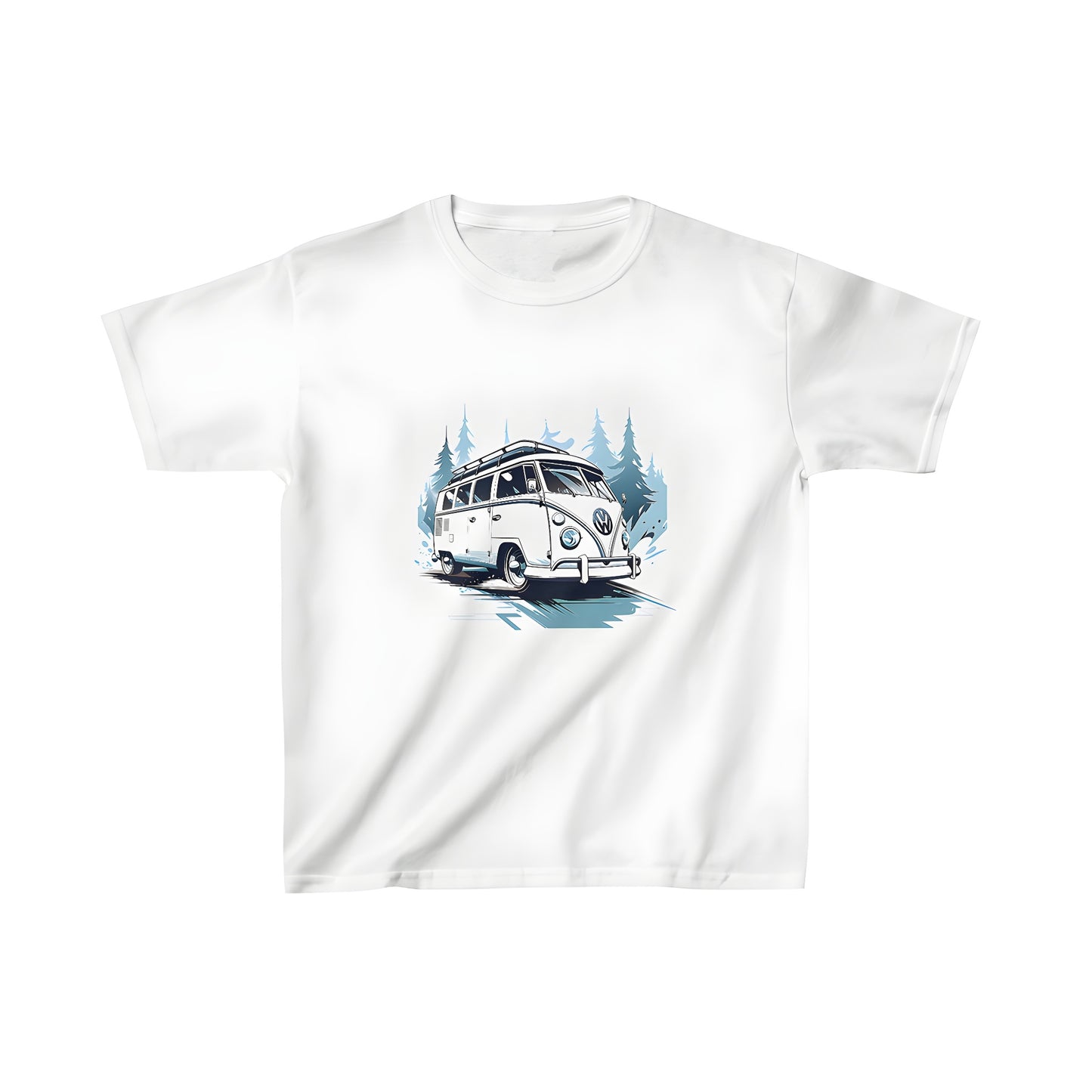 A colorful cartoon-style illustration of an old school VW van design on a kid's t-shirt, set against a serene forest backdrop evoking a sense of adventure and freedom.