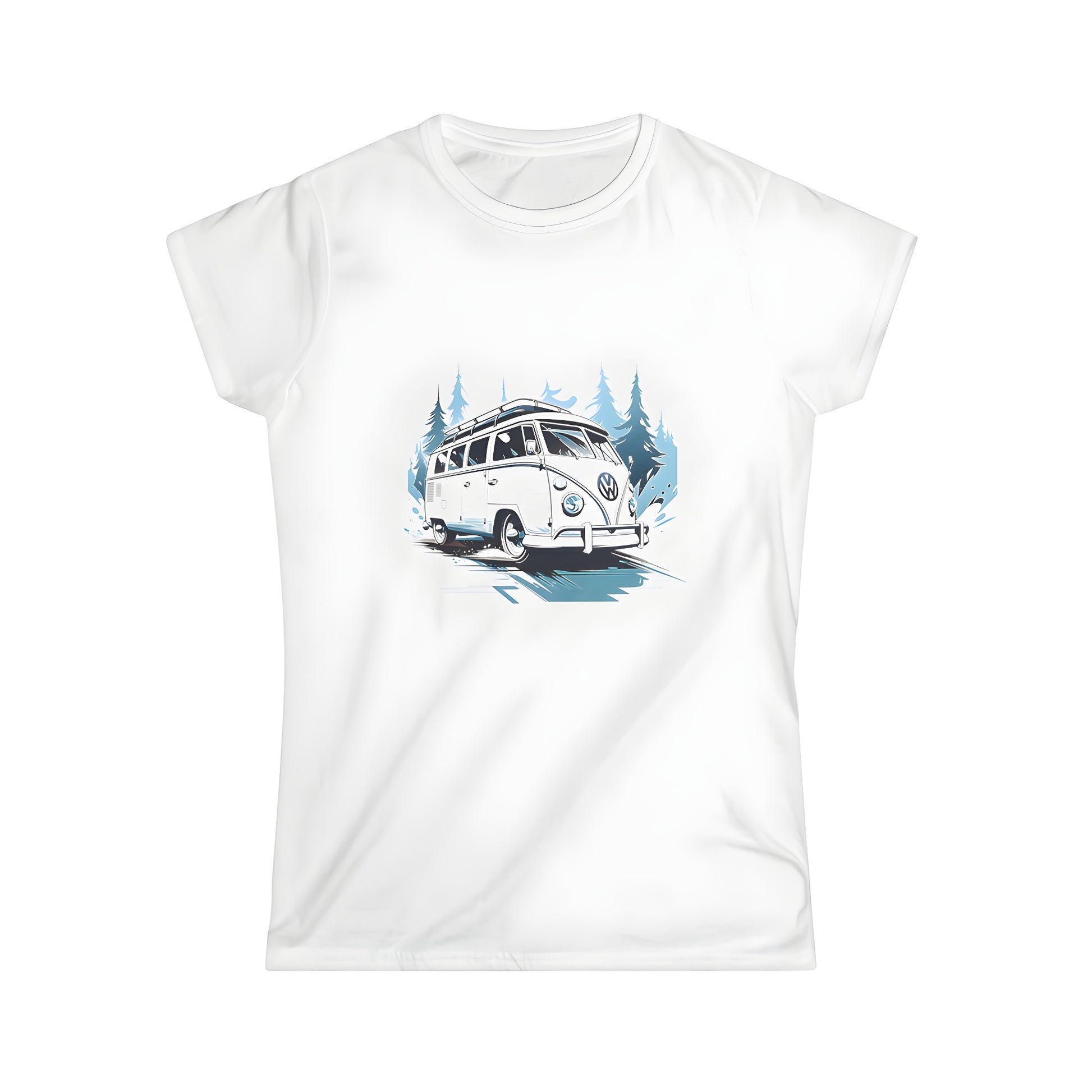 Colorful cartoon-style vintage style VW van t-shirt design featuring a classic Volkswagen camper van