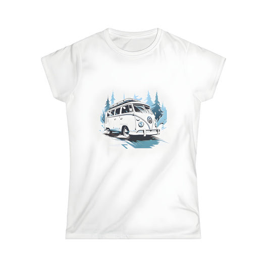 Colorful cartoon-style vintage style VW van t-shirt design featuring a classic Volkswagen camper van