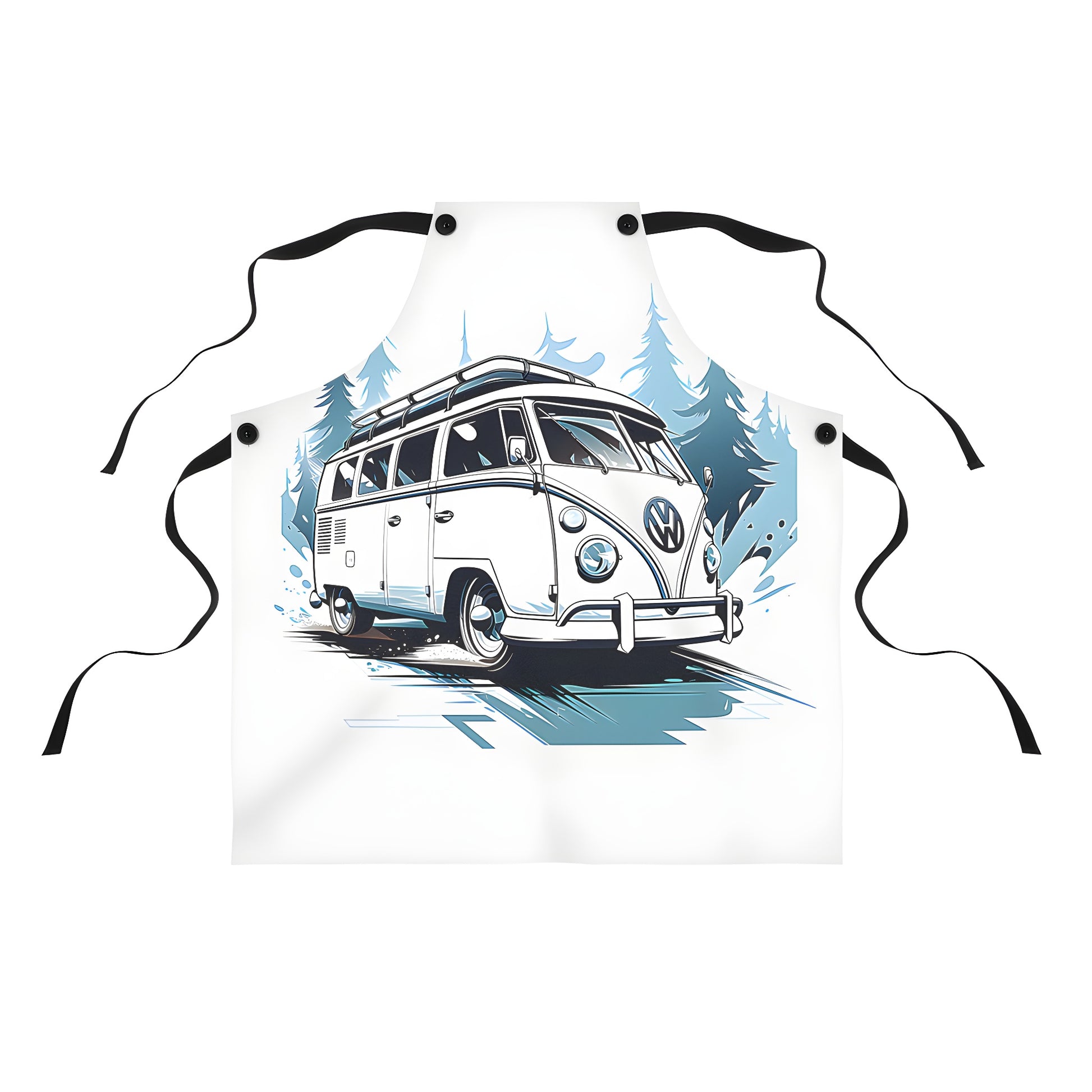 Colorful cartoon-style apron featuring a retro-inspired Volkswagen van design against a lush forest background.