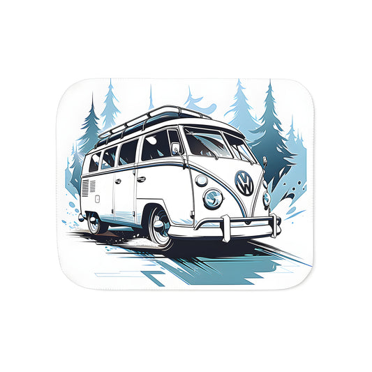 Colorful blanket featuring a cartoon-style vintage-inspired VW van illustration