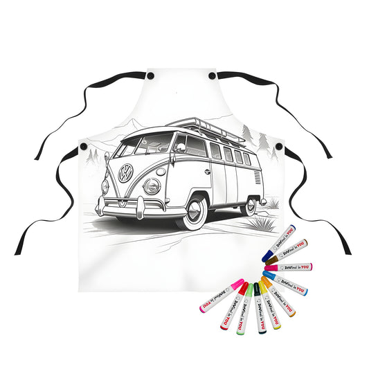 Vintage style coloring apron featuring an old school VW van illustration