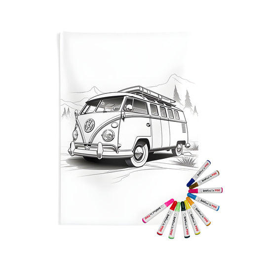 Vintage style Volkswagen van wall tapestry for adults and kids - detailed black and white drawing of a camper van set against a mountainous landscape