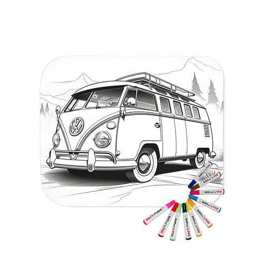 Cozy blanket with a vintage-style VW van design, perfect for adult coloring enthusiasts. Features intricate details of a classic camper van in a mountainous landscape.