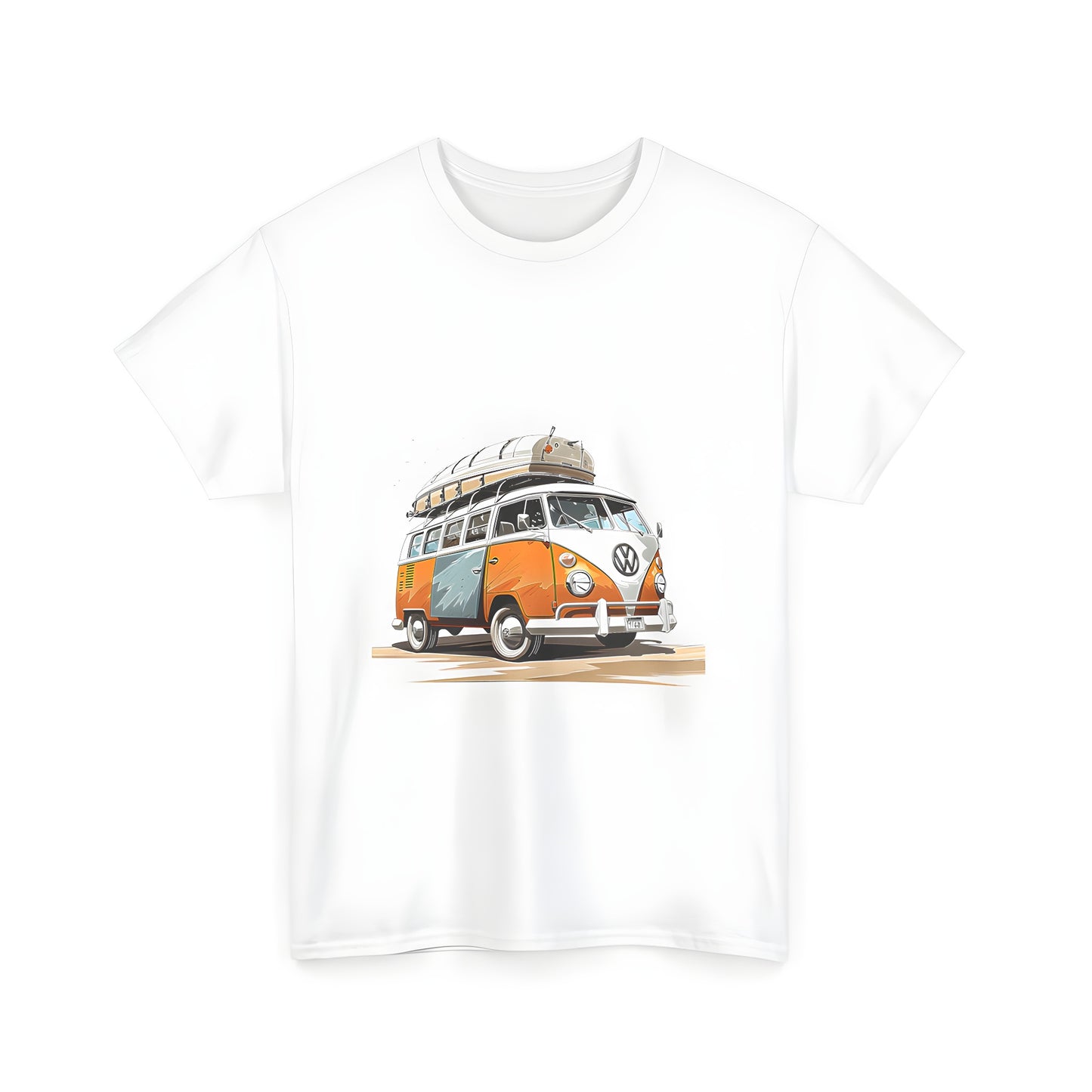 Colorful vintage camper van t-shirt with surfboard on roof, outdoor adventure clothing