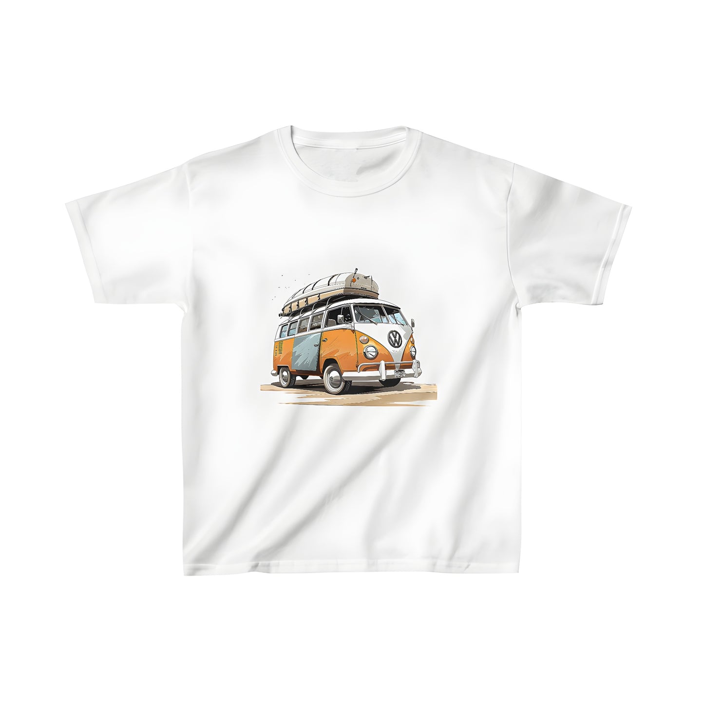 Colorful graphic t-shirt for kids featuring a retro-style vintage camper van with surfboard