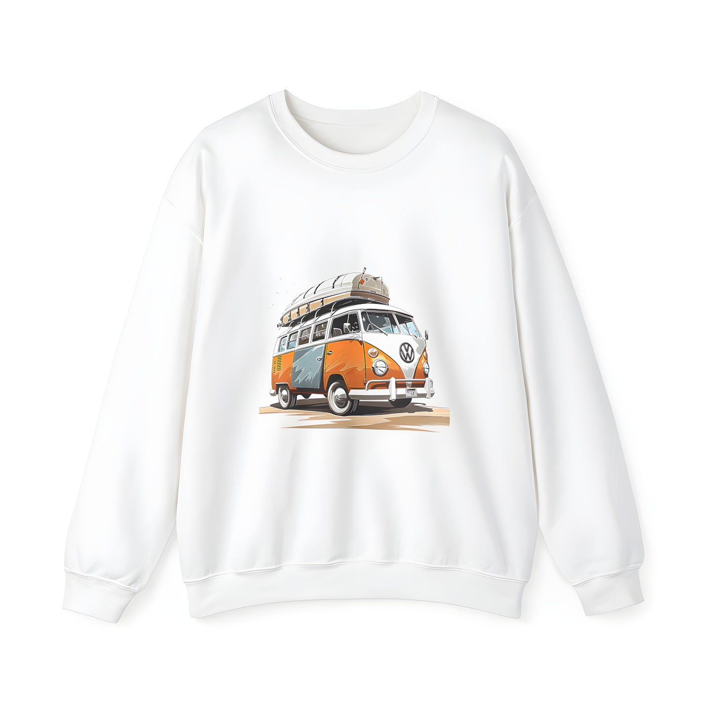 Adult sweatshirt featuring colorful retro-style design of vintage orange camper van and surfboard on roof