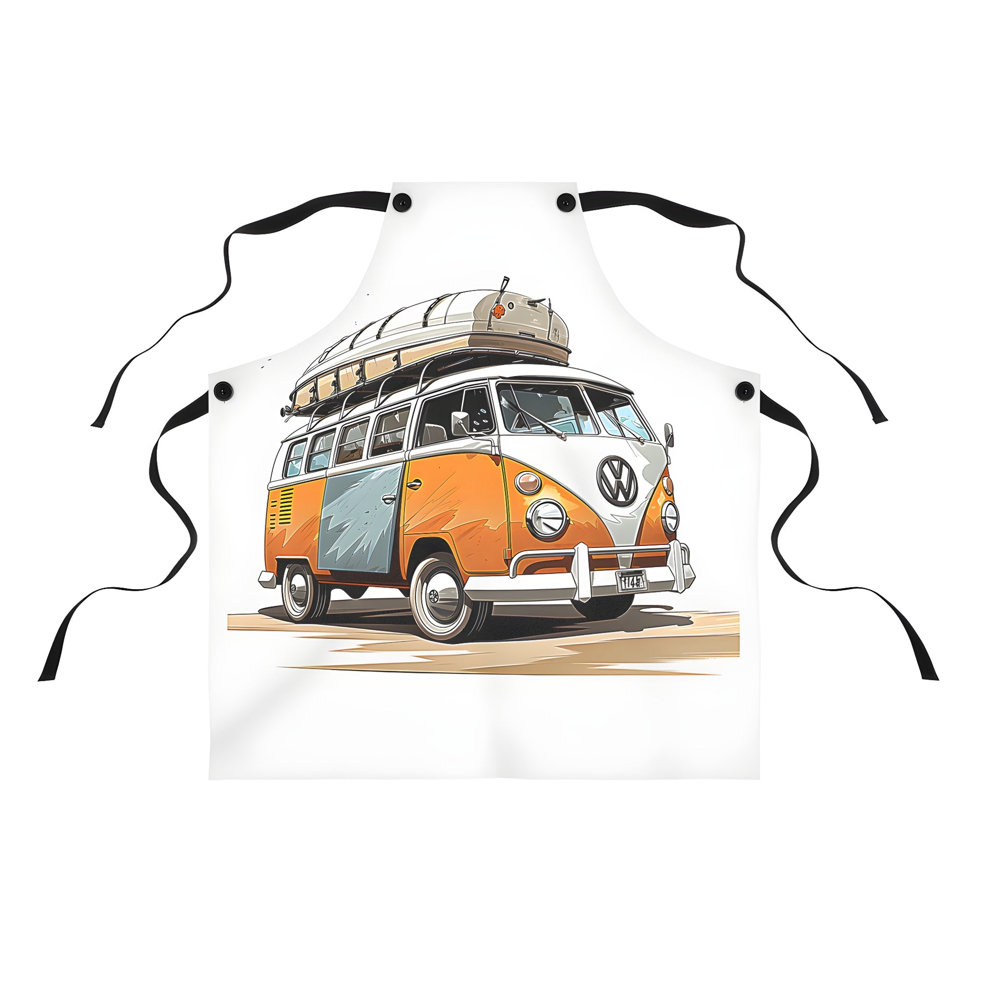 Colorful vintage camper van apron with surfboard on roof for an outdoor adventure