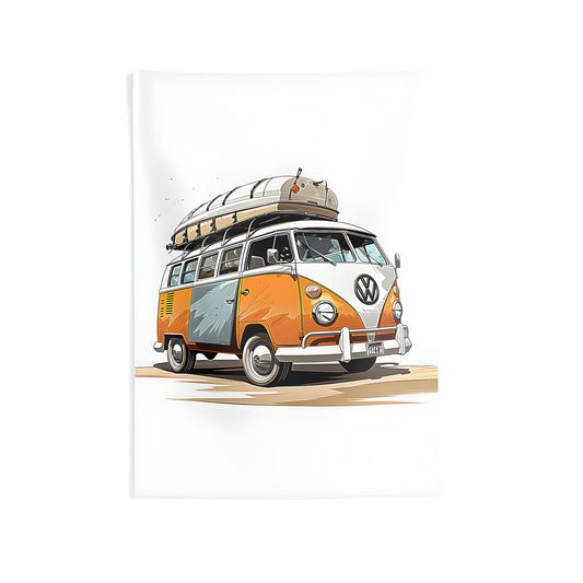 Indoor wall tapestry of a colorful vintage camper van design