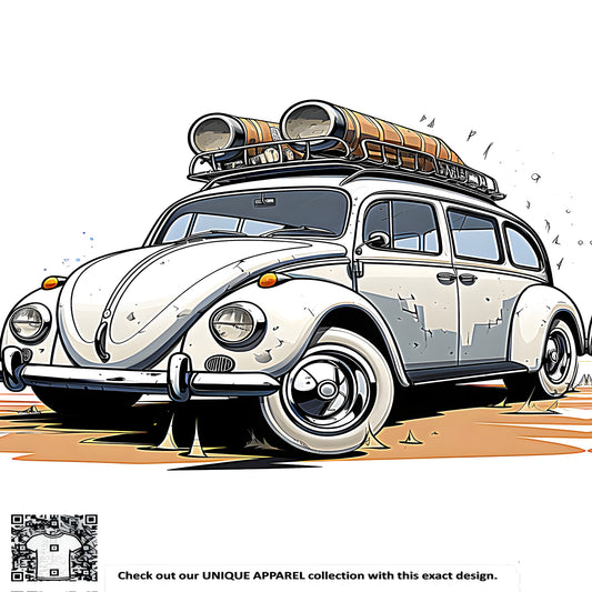 Vintage White Volkswagen Beetle car with roof rack and barrels, illustrated driving on a dusty desert road